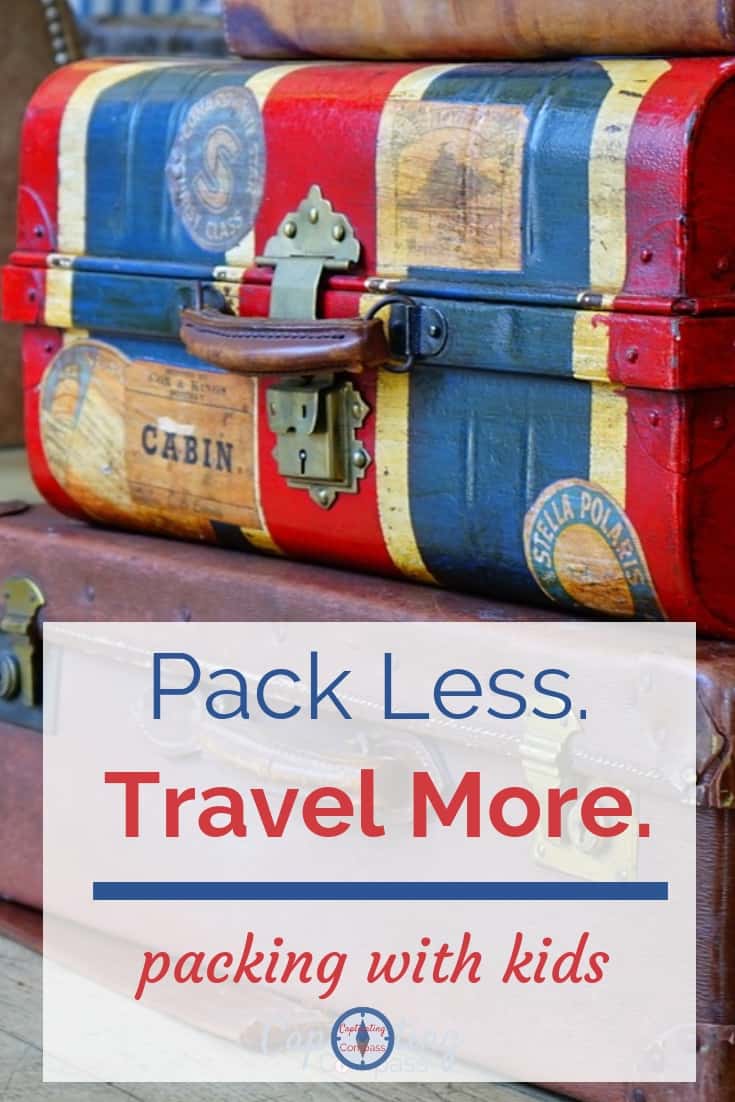 Image of vintage suitcase with British flag with text overlay - pack less , travel more free packing list and tutorial