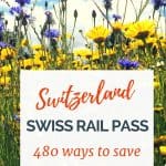 Hillside of wildflowers with text overlay "480 ways to save on travel in Switzerland."