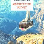 Image of Swiss gondola carrying passengers up mountainside with text overlay, "Swiss travel pro tips to maximize your budget."