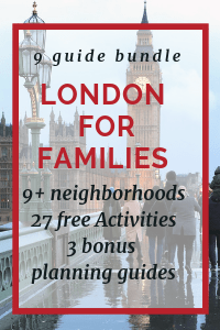 Image of family walking toward Big Ben on bridge in London with text overlay. London for Families: 9 Neighborhood Bundle containg 27 free activities, and 3 bonus planning guides