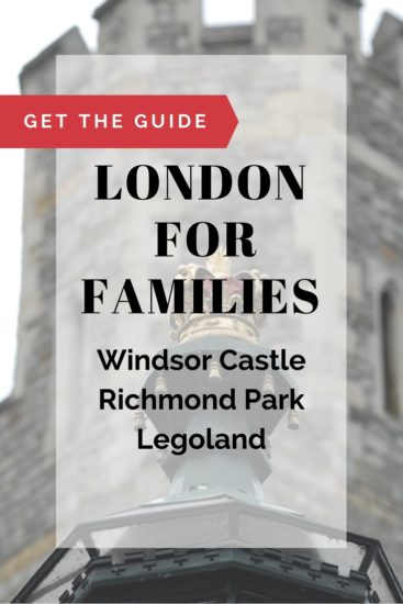 black & white image of stone tower with text overlay. 'Get the Guide. Londo for families: Windsor, Richmond Park, Legoland
