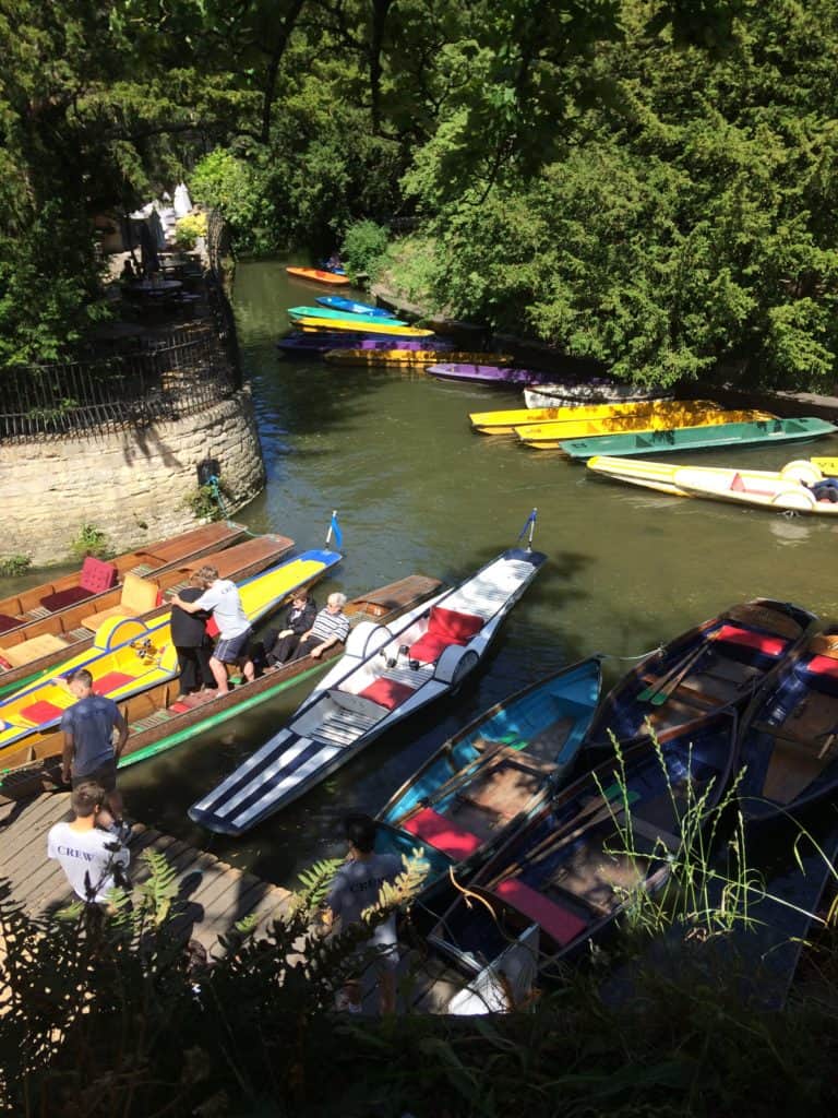 Image of colorful boats at Oxford Punting Dock in England.