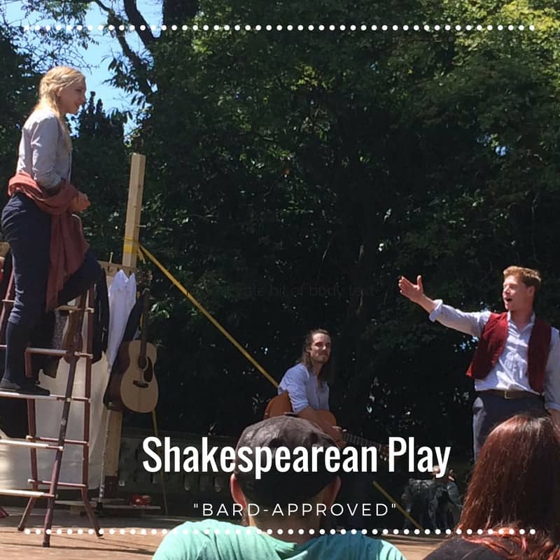 Image of Three Inch Fools Drama Troupe performing scene from romeo & Juliet with text overlay - Shakespeare's Stratford-Upon-Avon,. Seven "Bard-Approved" Activities.