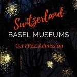Image of artistic star-like lanterns hanging from trees in Basel, Switzerland with text overlay, "Basel Museums: Get free admission."