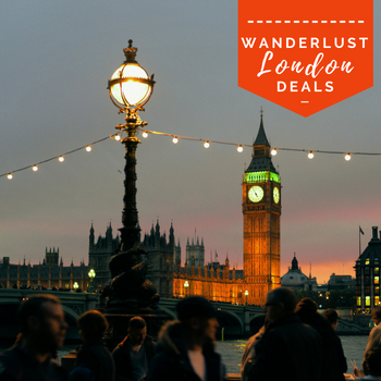 UK Parliament and Big Ben in distance, foreground of people gathered along Thames River at twilight with lights strung between victorian style light pole with text overlay "Wanderlust London Deals".