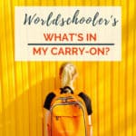 Girl with orange back pack facin yellow wall. with text overlay saying "Wordschooler's: What's in my backpack