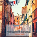 Image of Italian village street with washing hanging on lines at mid-day. with text overlay Italy Virtual Tour - No Passport Required