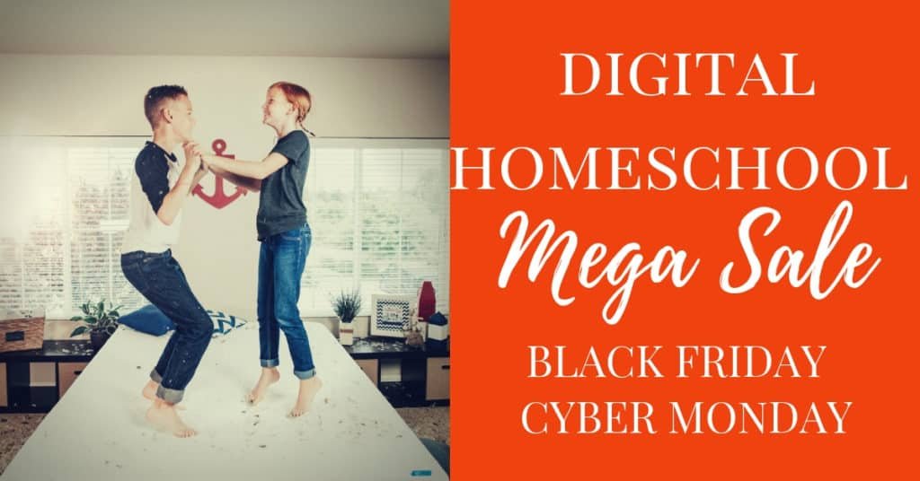 kids jumping on bed with text overlay Black Friday Cyber Monday Digital Homeschool Sale