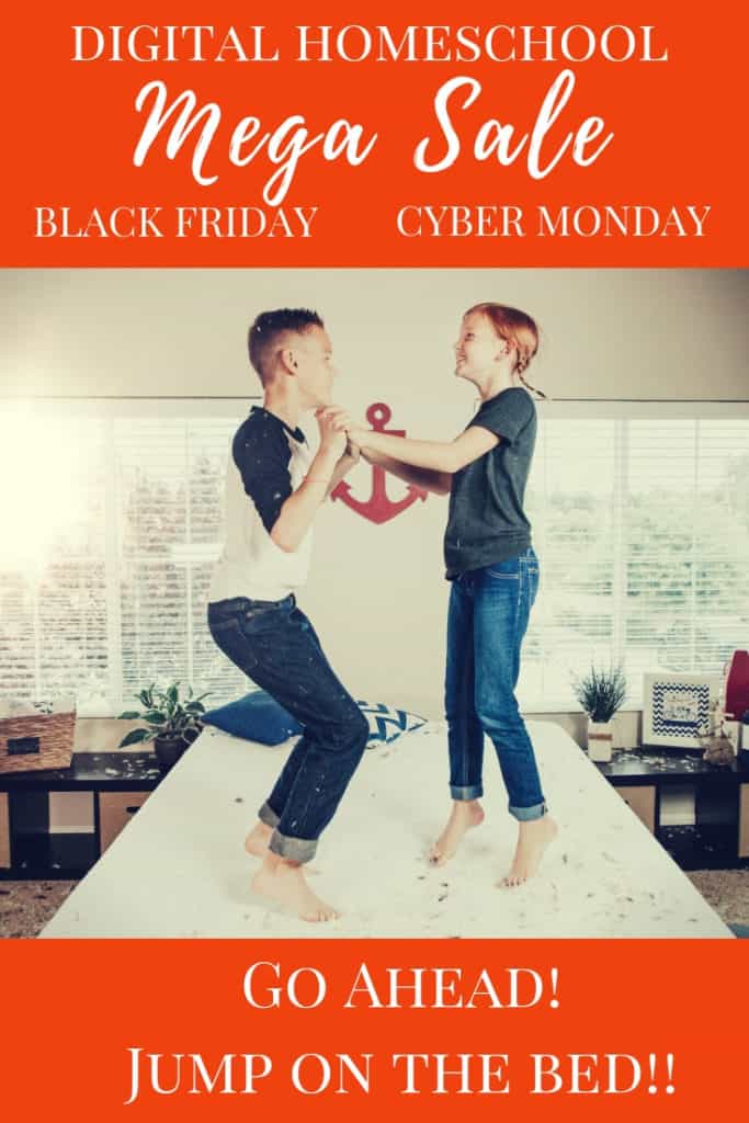kids jumping on bed with text overlay Black Friday Cyber Monday Digital Homeschool Sale