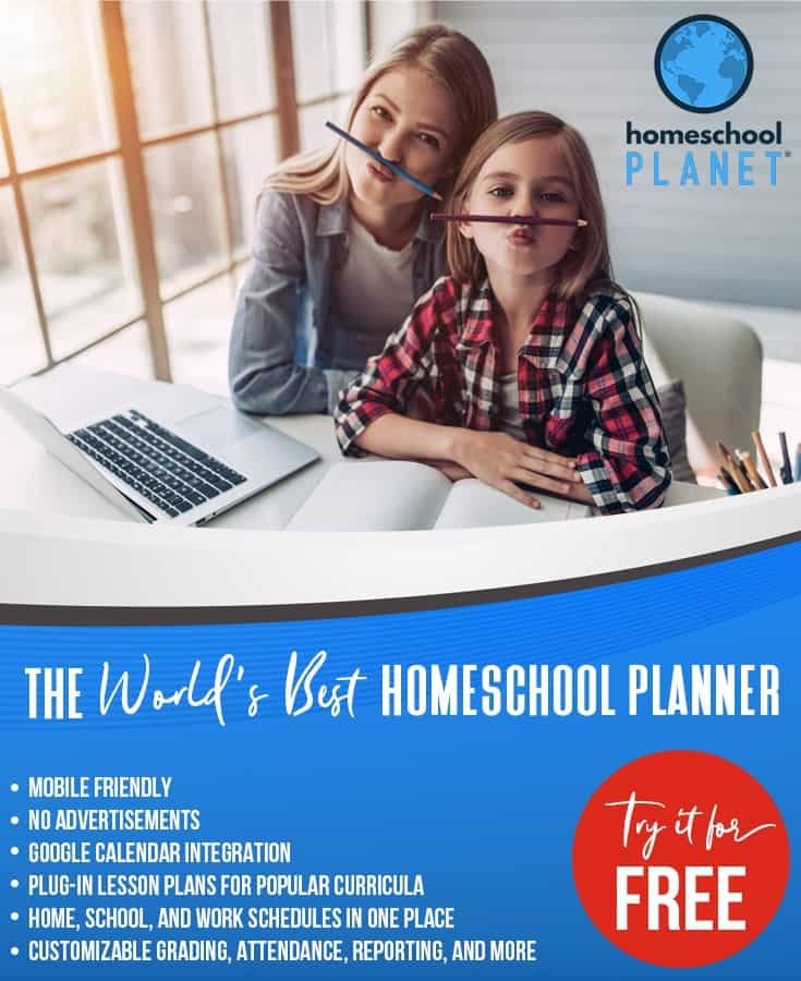 image of mother and daughter using Homeschool Planet and being silly with pencil mustaches.