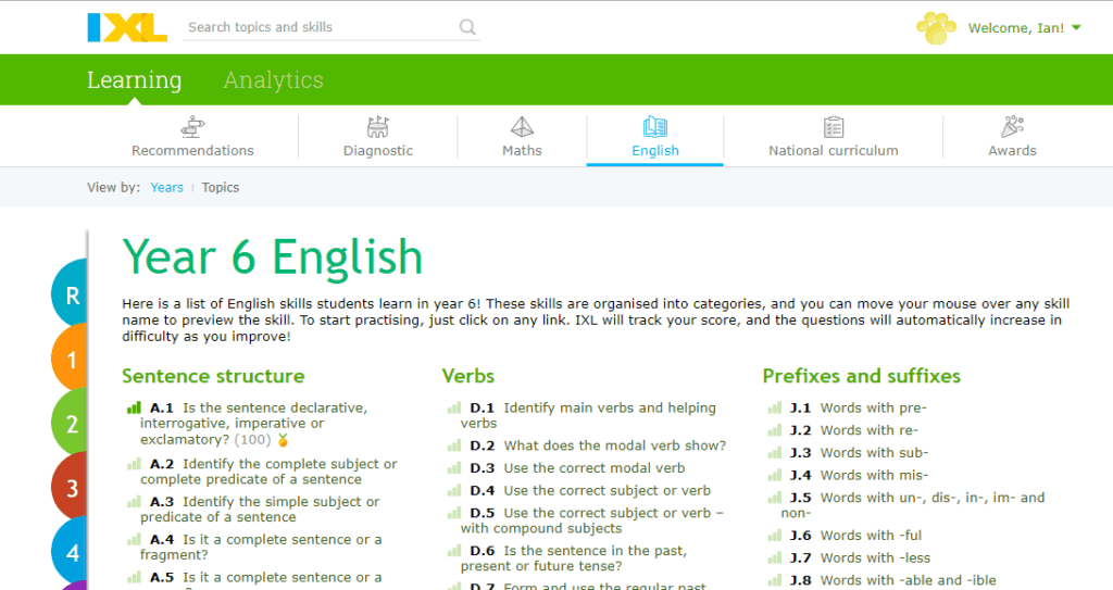 IXL Learning Year 6 English page for IXL.co.uk