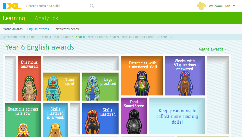 image of IXL dashboard for English awards Year 6
