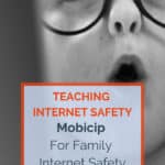 image of child with glasses looking at computer screen with text overlay Internet Safety, Mobicip for Family internet safety. A digital homeschool review
