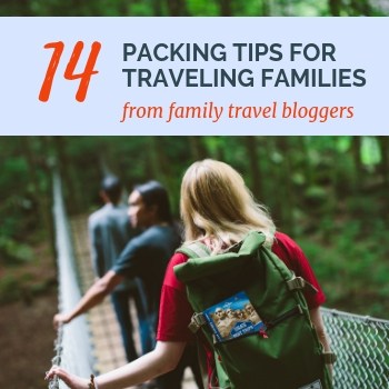 image of hikers with book sticking out of day pack with text overlay: 14 packing tips for traveling families.