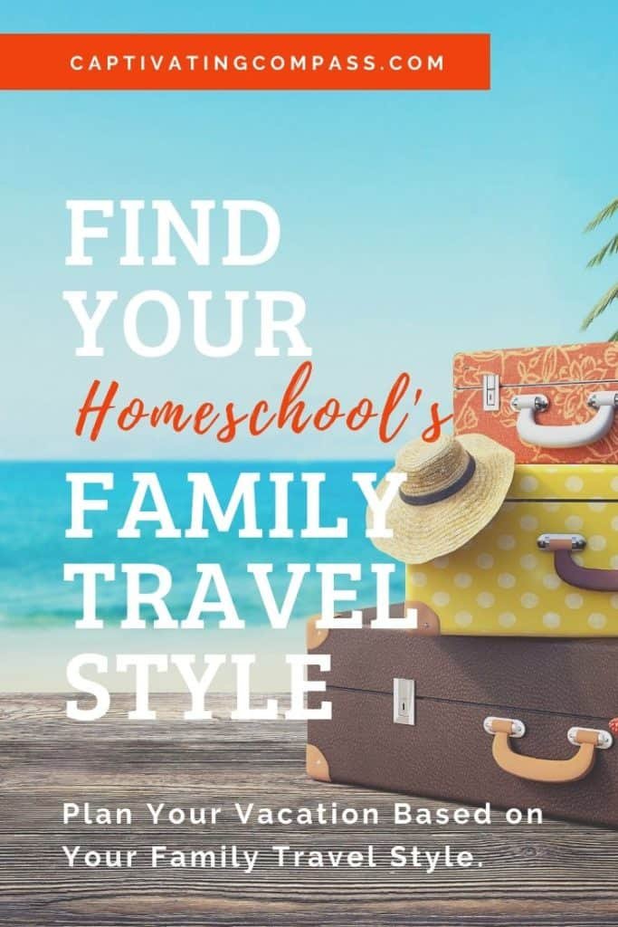 stacked suitcases & hat with text overlay. Find Your Family Travel Style with www.captivatingcompass.com