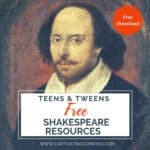 image of painting of Shakespeare with text overlay FREE Shakespeare Resources for Teens & Tweens