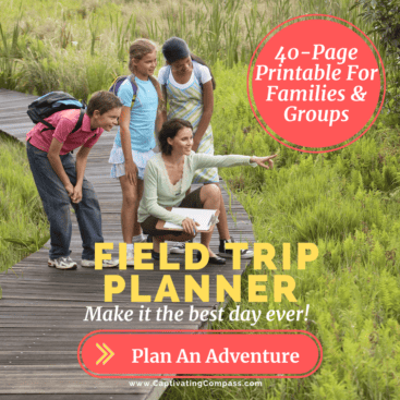 image of kids on field trip with text overlay: Field Trip Planner. Make it the best day ever! 40-page planner for families and groups from www.captivatingcompass.com