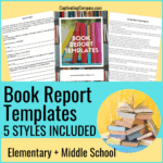 collage image of books and sample images of book report template with text overlay. Book Report Templates 5 styles included for elementary through middle school from www.CaptivatingCompass.com