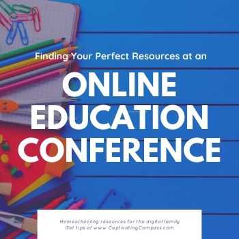 image of school supplies on blue background with text overlay. Fidning Your Perfect Resources at an Online Education conference