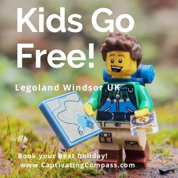 image of lego minifig with map and back pack. Text overlay: Kids go free at Legoland Windsor UK. book your next holdiday. on www.captivatingcompass.com