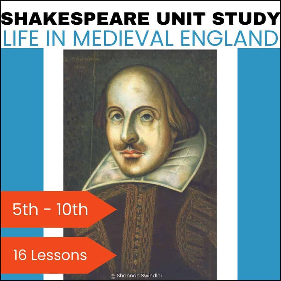 image of Shakespeare Unti Study: Life In Medieval England with text overlay. 16 lessons for 5th-10th graders