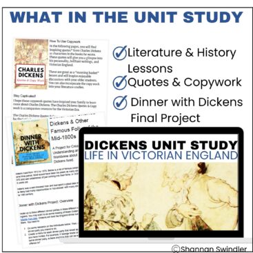 image of Dickens Unit Study: Life In Victorian England with text overlay. What's in this unit study for 7th-12th graders.