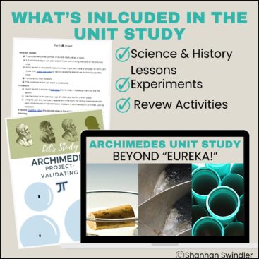 collage image of items studied in Archimedes Unit Study: Beyond "Eureka!"