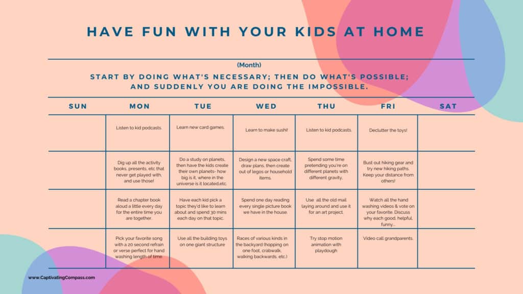image of calendar of ideas on how to have fun with your kids at home from www.captivatingcompass.com