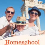 image of family taking selfie at ancient ruins with text overlay. Homeschool Travel Learn: The World Is Your Classroom by www.CaptivatingCompass.com
