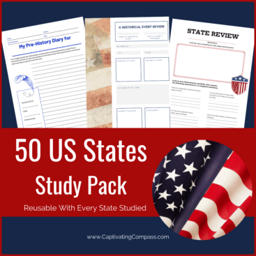 collage image of 50 US States Study Pack with text overlay Reusable with every State. Availalbe at www.captivatingcompass.com