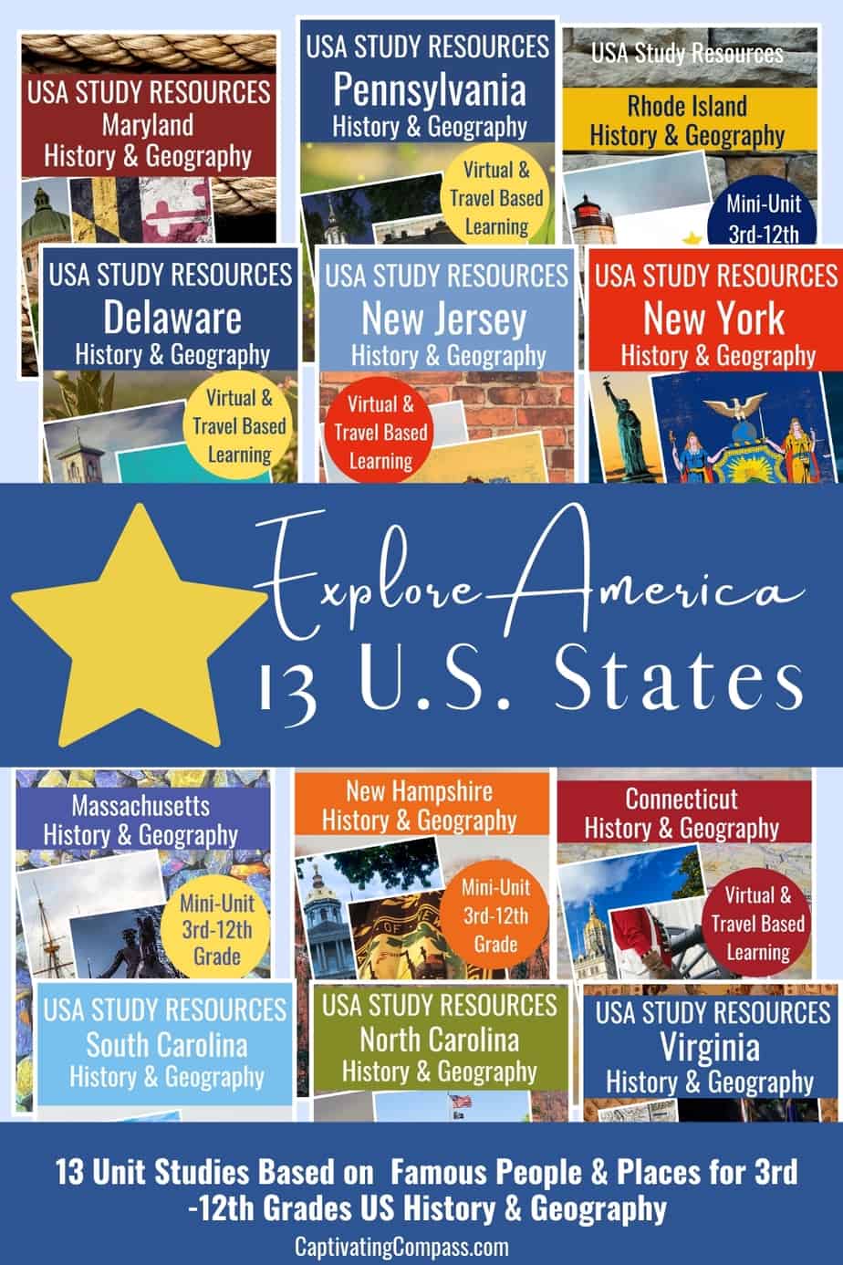 collage image of 13 US State Studies with text Overlay. Explore America 13 US State Studes of famous people & places for 3rd-12th grade history & geography from www.CaptivatingCompass.com