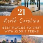 collage image of North Carolina with text overlay Best Places to Visit in North Carolina with Kids & Teens. Homeschool Travel Learn with www.CaptivatingCompass.com