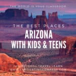 collage image of Arizona with text overlay. Arizona with Kids & Teens. Homeschool Travel Learn with www.CaptivatingCompass.com