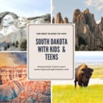 collage image of South Dakota landmarks with text overlay. South Dakota with Kids & Teens. Homeschool Travel Learn with www.CaptivatingCompass.com