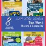 collage image of USA landmarks of the west with test overlay. Explore America Unit Study Bundle: The 8 Western States from CaptivatingCompass.com