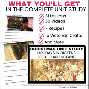 image of Christmas Unit Study: Holidays in Dicken's Victorian England with text overlay. What you'll get in the complete unit study.