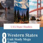collage image of USA landmarks of the west with test overlay. Explore America Unit Study Bundle: The 8 Western States, from CaptivatingCompass.com