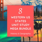 collage image of USA landmarks of the west with test overlay. Explore America Unit Study Bundle: The 8 Western States, from CaptivatingCompass.com