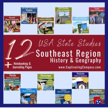 collage image of USA State study packs of 12 of the United States of America with text overlay. 12 USA State Studies: Southeast Region History & Geography. A Comprehensive 12-State Bundle from www.CaptivatingCompass.com