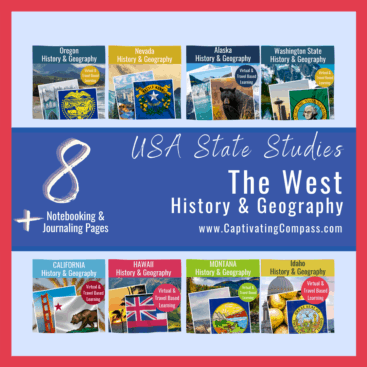 collage image of USA State study packs of 8 of the United States of America with text overlay. 8 USA State Studies: The West History & Geography. A Comprehensive 8-State Bundle from www.CaptivatingCompass.com