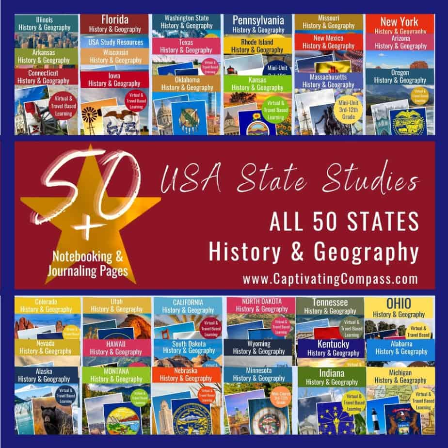 collage image of USA State study packs of all 50 of the United States of America with text overlay. 50 USA State Studies: ALL 50 States plus Notebooking & Journaling pages History & Geography from www.CaptivatingCompass.com