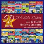 collage image of USA State study packs of all 50 of the United States of America with text overlay. 50 USA State Studies: ALL 50 States plus Notebooking & Journaling pages History & Geography from www.CaptivatingCompass.com