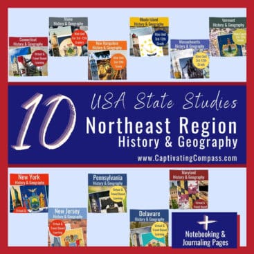 collage image of USA State study packs of the 10 of the United States of America with text overlay. 10 USA State Studies: Northeast Region History & Geography. A Comprehensive 10-State Bundle from www.CaptivatingCompass.com
