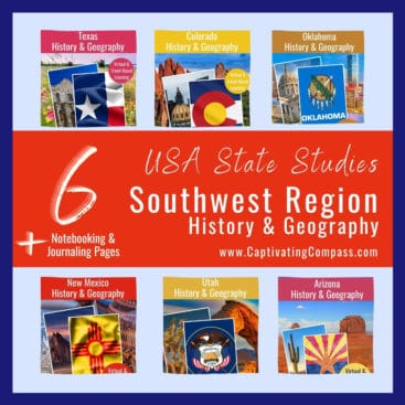 collage image of USA State study packs of 6 of the United States of America with text overlay. 6 USA State Studies: Southwest Region History & Geography. A Comprehensive 6-State Bundle from www.CaptivatingCompass.com