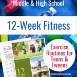 image of fitness equipment with text overlay. Homeschoo Phys. Ed.: A Tween & Teen Fitness Plan