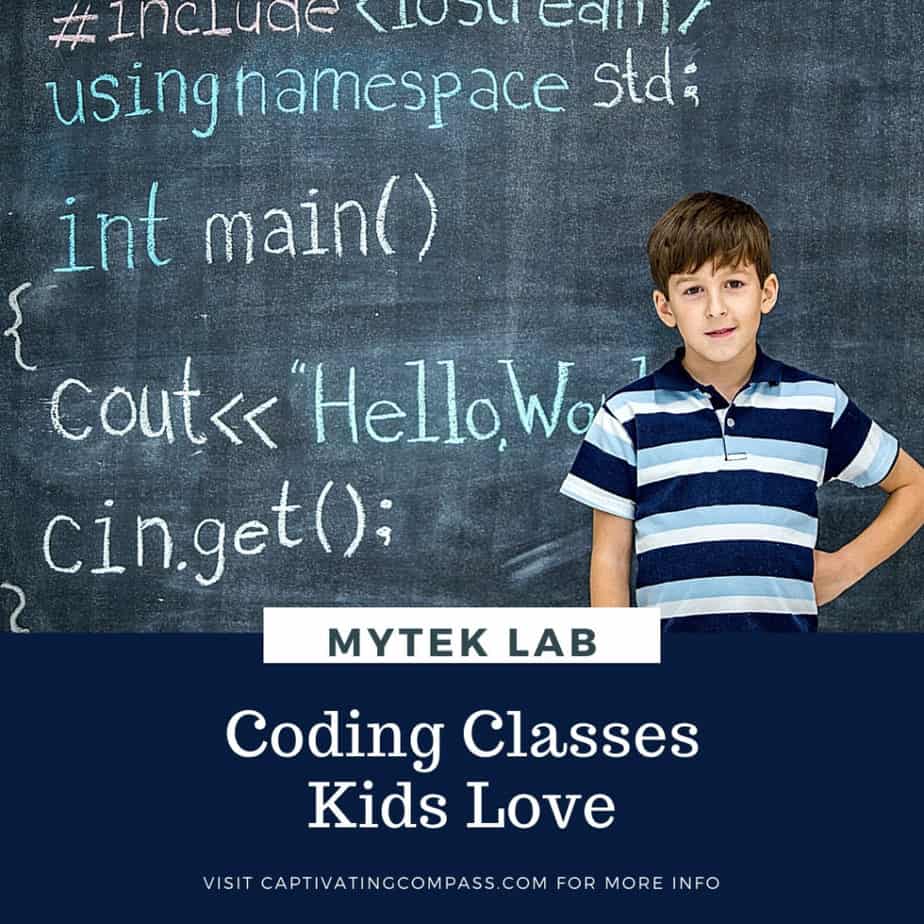 image of boy infront of chalkboard with computer coding. Textoverlay says MYTEK LAB Coding lasses Kids Love from www.CaptivatingCompass.com