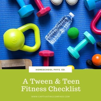 images of fitness items mentioned in the High School PE Curriculum for homeschoolers. A 12week fitness plan from CaptivatingCompass.com