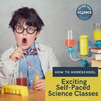 image of boy doing science eperiment with textoverlay. HOw to HOmeschool: Exciting Self-Paced Sceince Classes from www.CaptivatingCompass.com