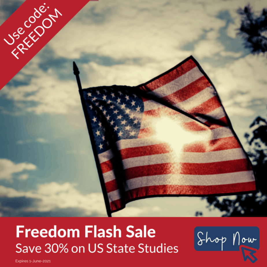 image of american flag with text overlay. Freedom Flash Sale. Use Code: FREEDOM and save 30% on all US state Studies at www.captivatingcompass.com expires 1-June-2021