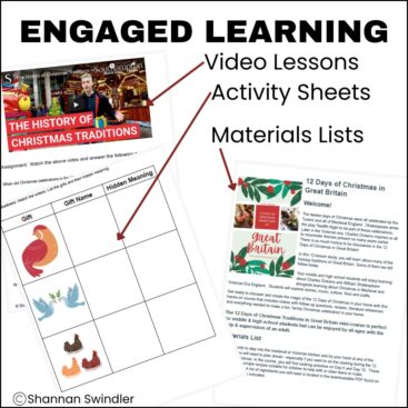 image of Holiday Unit Study: 12 Days of Christmas in Great Britain with text overrlay. Engaged learning with fun holiday themed unit study